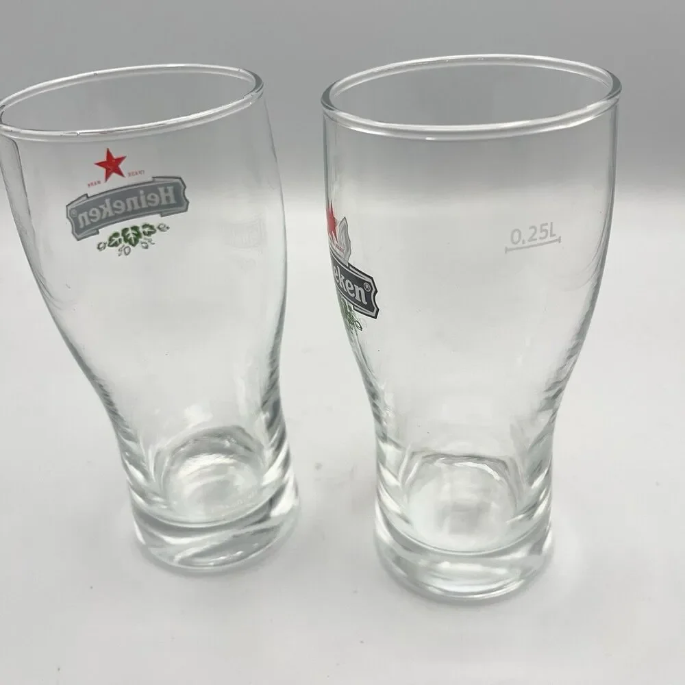 Heineken Beer Glasses .25L Red Star Etched Logo Reverse Bottom And .25L On Side